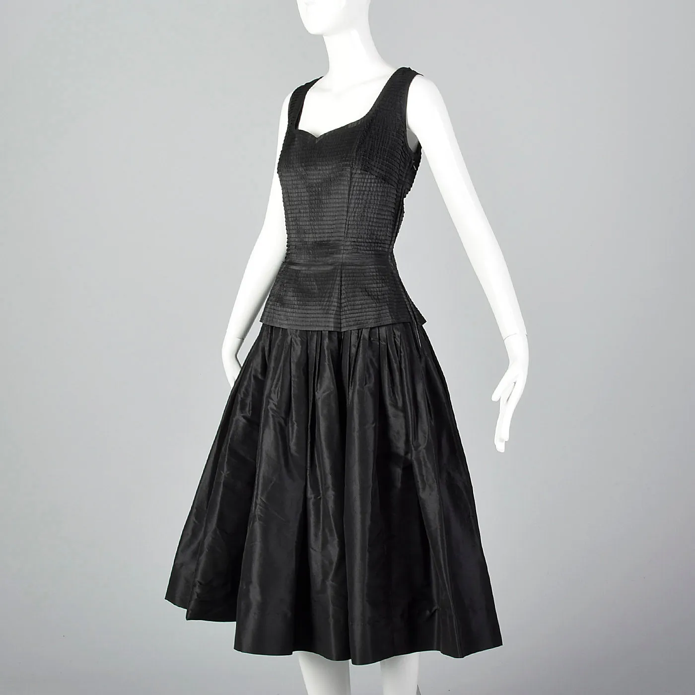 1950s Mollie Parnis Black Dress with Pleated Bodice