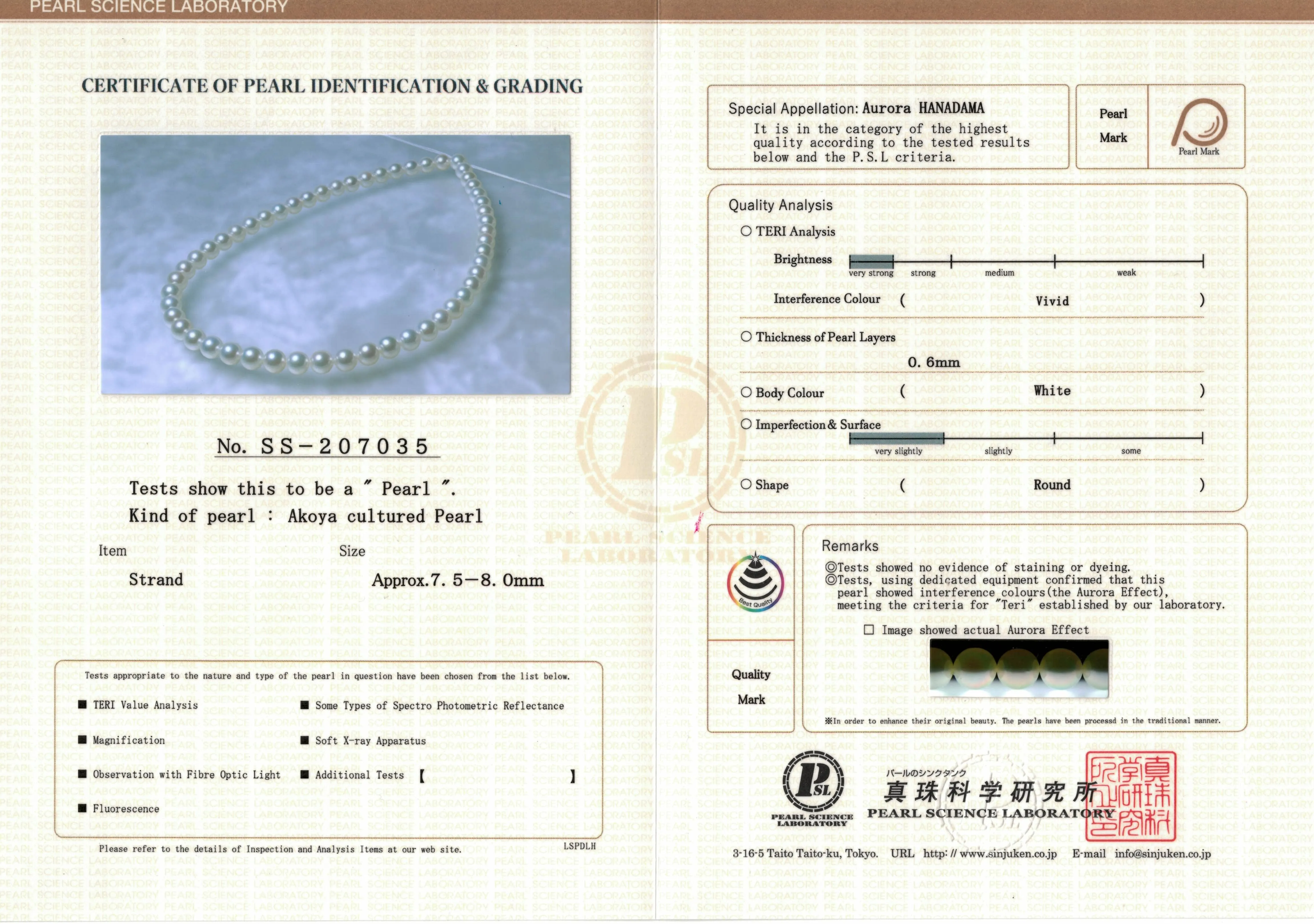 7.5-8.0 mm Hanadama Akoya Strand - PSL Certificate SS-207035