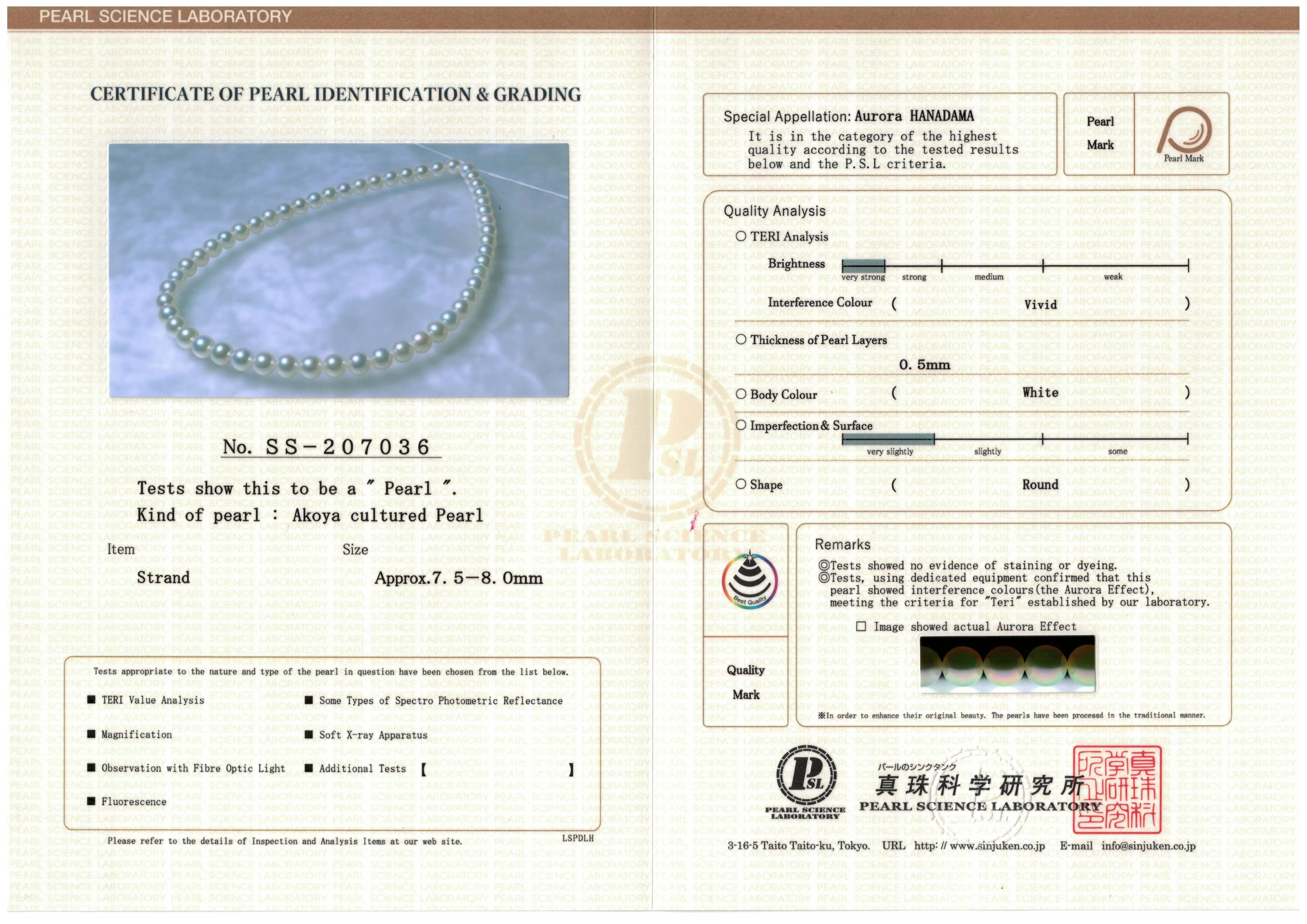 7.5-8.0 mm Hanadama Akoya Strand - PSL Certificate SS-207036