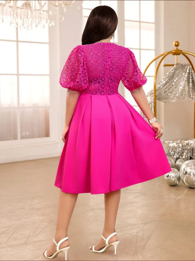 AOMEIDRESS O Neck Lantern Sleeves Hollow Out Pleated A Line Dress