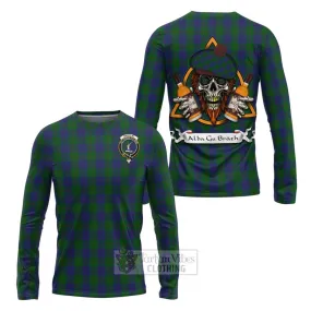 Barclay Tartan Long Sleeve T-Shirt with Family Crest and Bearded Skull Holding Bottles of Whiskey