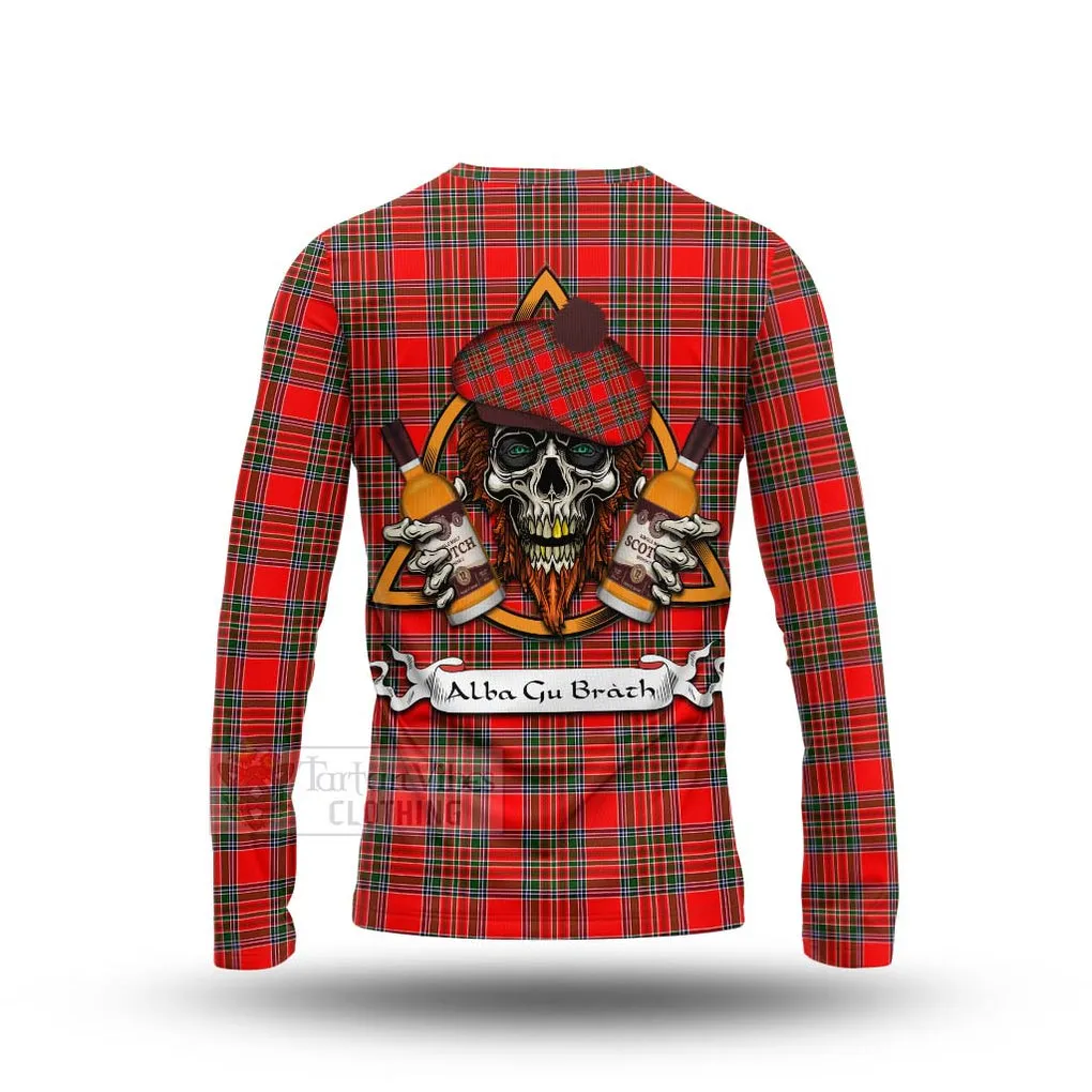 Binning Tartan Long Sleeve T-Shirt with Family Crest and Bearded Skull Holding Bottles of Whiskey