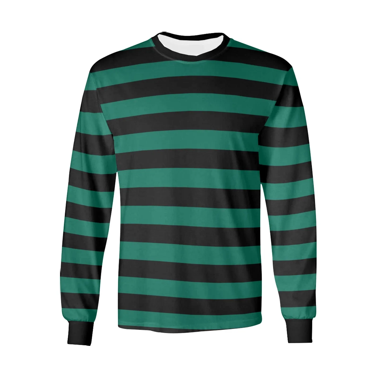 Black and Green Men Long Sleeve Striped TShirt, Graphic Vintage Retro Broad Stripes Crewneck Unisex Women Designer Male Guys Tee