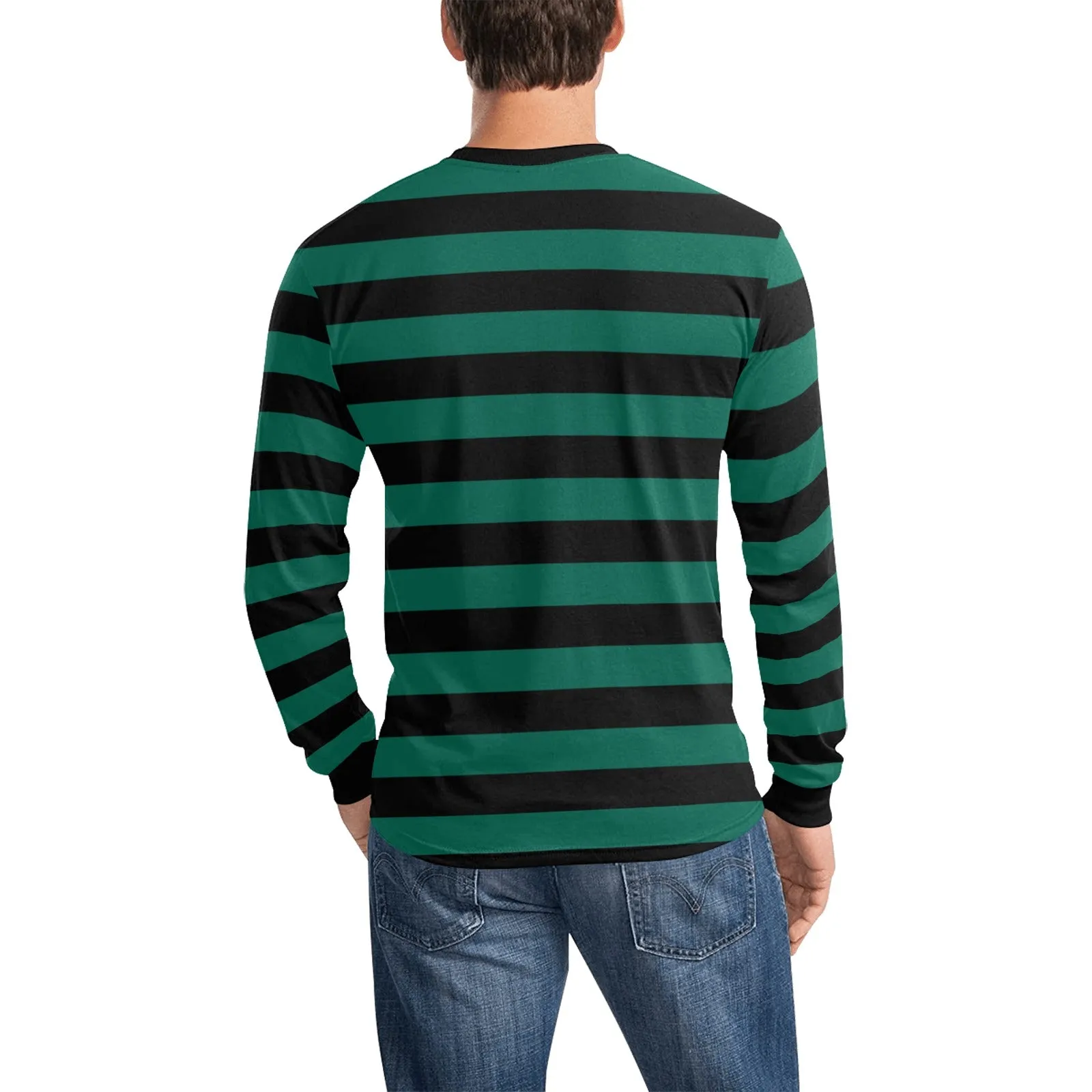 Black and Green Men Long Sleeve Striped TShirt, Graphic Vintage Retro Broad Stripes Crewneck Unisex Women Designer Male Guys Tee