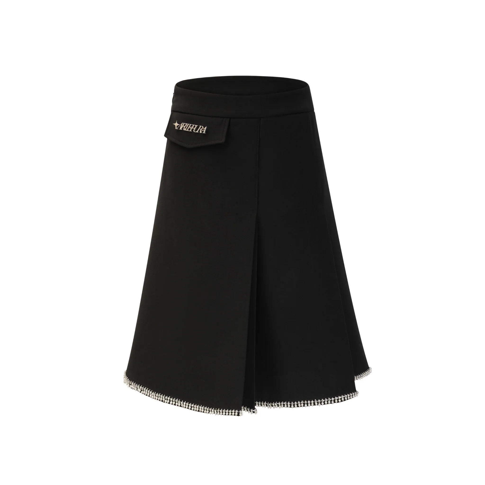 Black Long Pleated A-line Half Slip Skirt