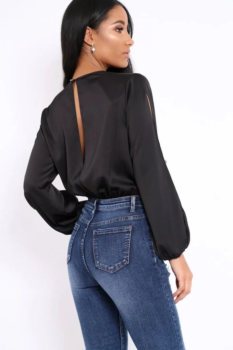 Black Plunge Satin Bodysuit with Split Sleeves - Pema