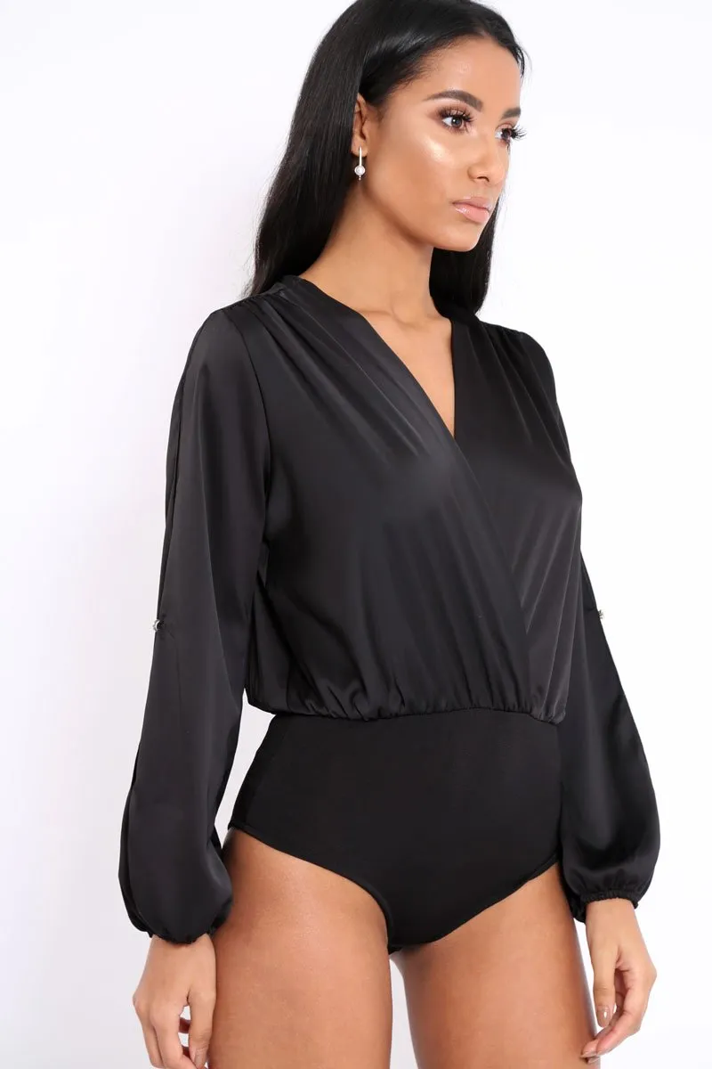 Black Plunge Satin Bodysuit with Split Sleeves - Pema