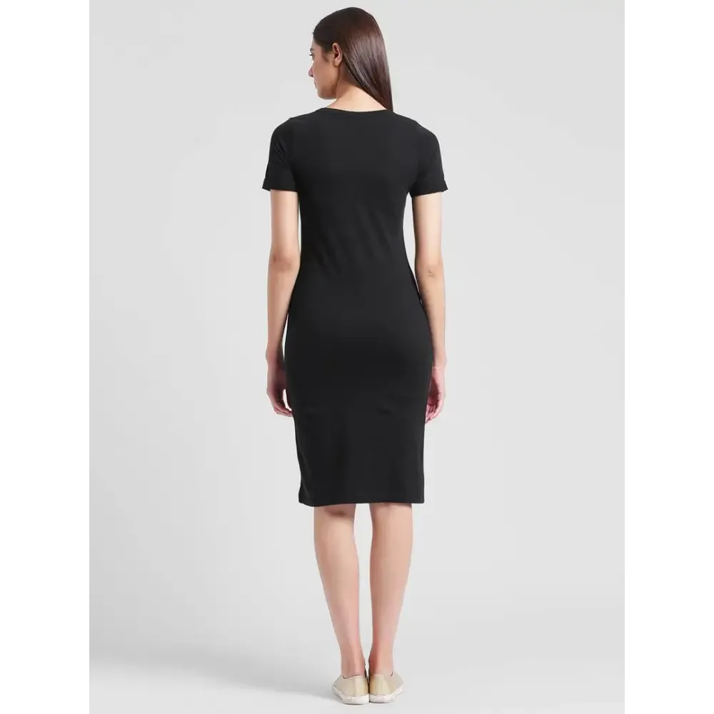 Black Solid Cotton Knee Length Bodycon Dress