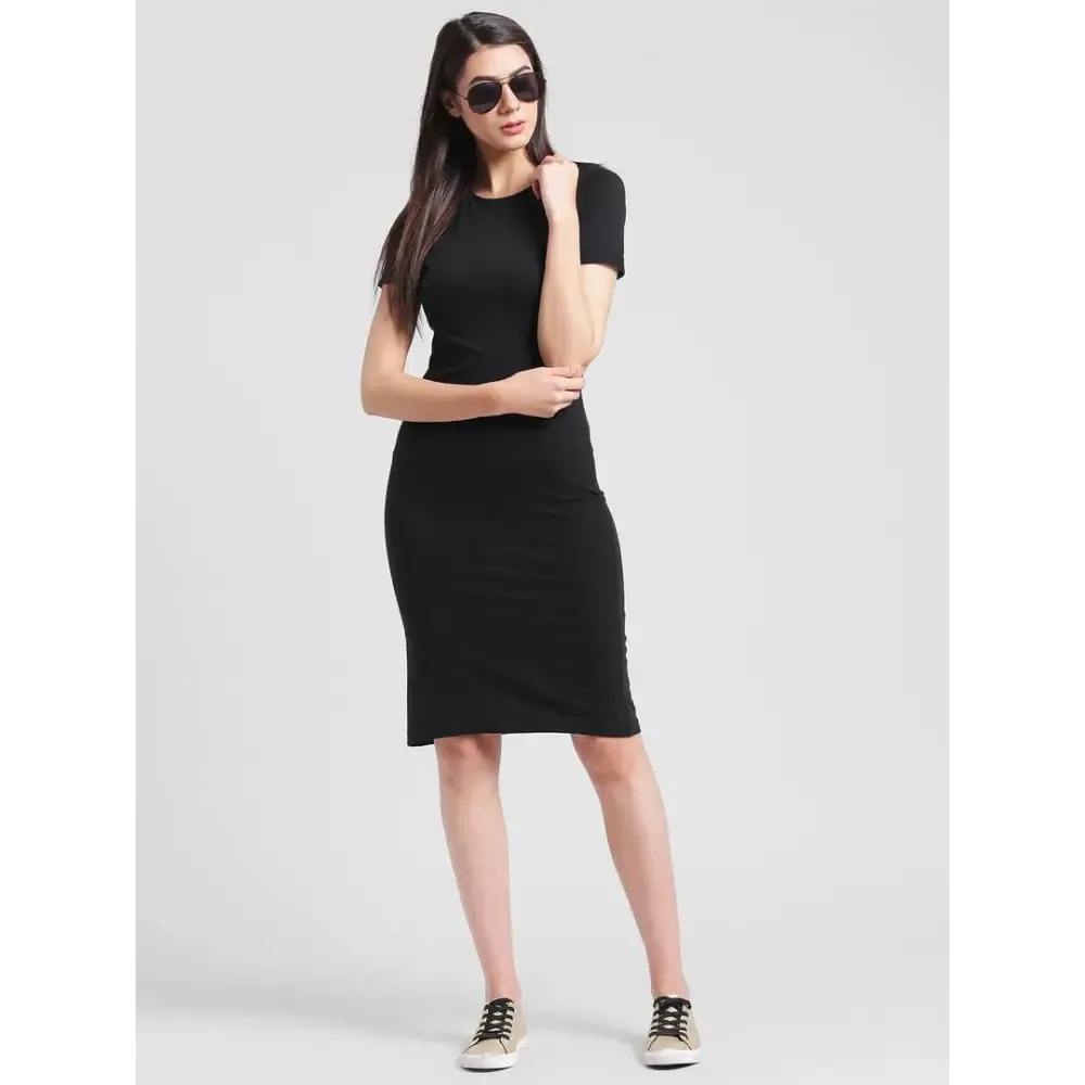 Black Solid Cotton Knee Length Bodycon Dress