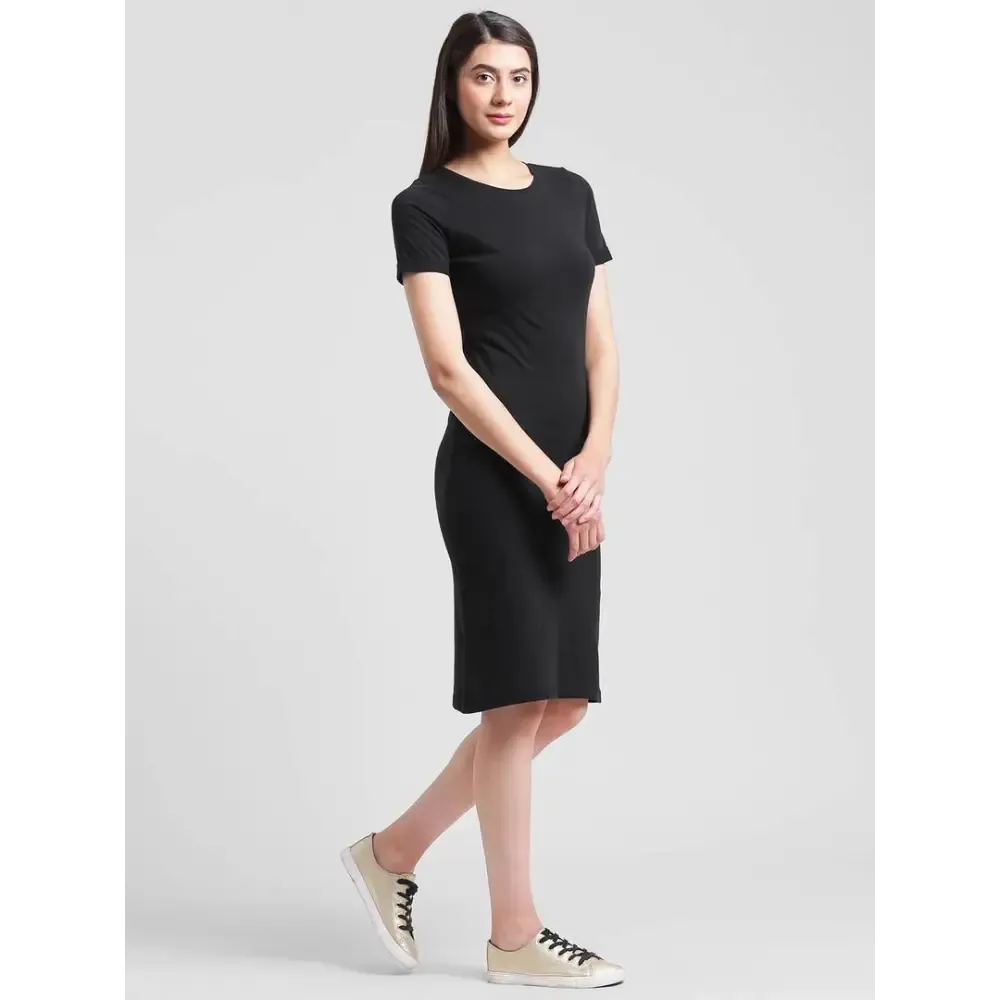 Black Solid Cotton Knee Length Bodycon Dress