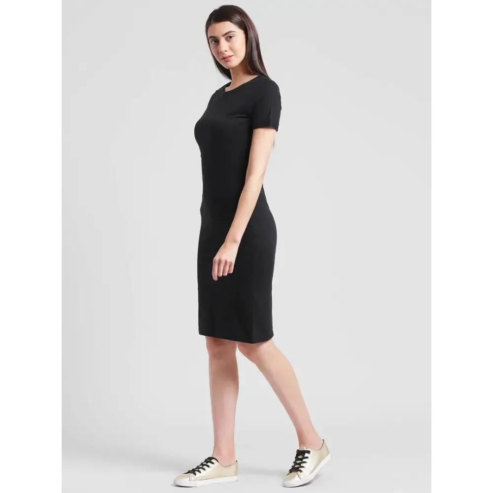 Black Solid Cotton Knee Length Bodycon Dress