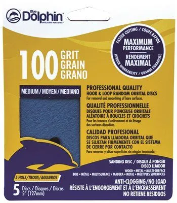 Blue Dolphin Anti-Clogging/No Load Series 5 Inch  5-Hole Hook & Loop Discs 100 Grit 5 Pack