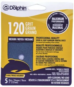 Blue Dolphin Anti-Clogging/No Load Series 5 Inch  5-Hole Hook & Loop Discs 120 Grit 25 Pack