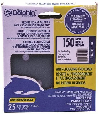 Blue Dolphin Anti-Clogging/No Load Series 5 Inch  5-Hole Hook & Loop Discs 150 Grit 25 Pack