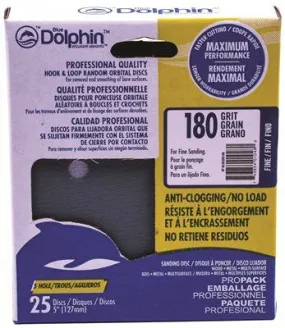 Blue Dolphin Anti-Clogging/No Load Series 5 Inch  5-Hole Hook & Loop Discs 180 Grit 25 Pack