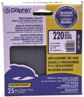 Blue Dolphin Anti-Clogging/No Load Series 5 Inch  5-Hole Hook & Loop Discs 220 Grit 25 Pack