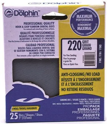 Blue Dolphin Anti-Clogging/No Load Series 5 Inch  5-Hole Hook & Loop Discs 220 Grit 5 Pack