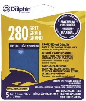 Blue Dolphin Anti-Clogging/No Load Series 5 Inch  5-Hole Hook & Loop Discs 280 Grit 5 Pack