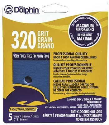 Blue Dolphin Anti-Clogging/No Load Series 5 Inch  5-Hole Hook & Loop Discs 320 Grit 5 Pack