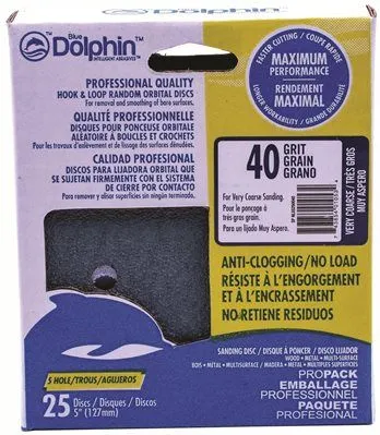 Blue Dolphin Anti-Clogging/No Load Series 5 Inch  5-Hole Hook & Loop Discs 40 Grit 25 Pack