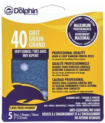 Blue Dolphin Anti-Clogging/No Load Series 5 Inch  5-Hole Hook & Loop Discs 40 Grit 5 Pack