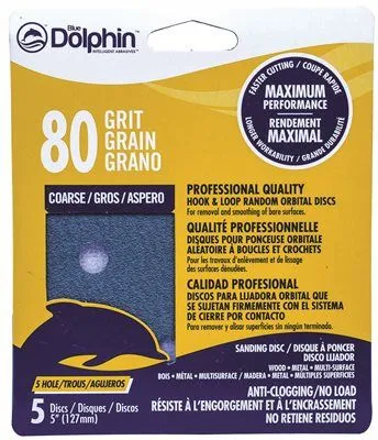 Blue Dolphin Anti-Clogging/No Load Series 5 Inch  5-Hole Hook & Loop Discs 80 Grit 5 Pack