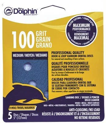 Blue Dolphin Anti-Clogging/No Load Series 5 Inch  8-Hole Hook & Loop Discs 100 Grit 5 Pack