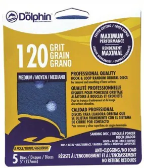 Blue Dolphin Anti-Clogging/No Load Series 5 Inch  8-Hole Hook & Loop Discs 120 Grit 5 Pack