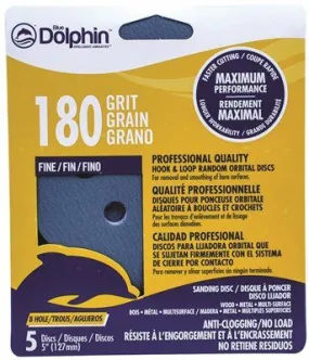 Blue Dolphin Anti-Clogging/No Load Series 5 Inch  8-Hole Hook & Loop Discs 180 Grit 5 Pack