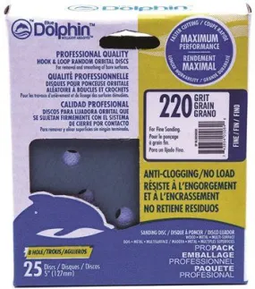 Blue Dolphin Anti-Clogging/No Load Series 5 Inch  8-Hole Hook & Loop Discs 220 Grit 25 Pack