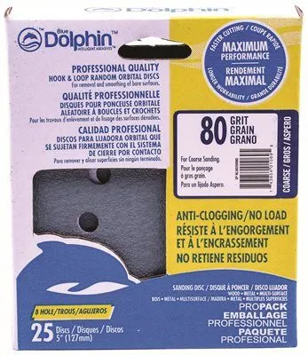 Blue Dolphin Anti-Clogging/No Load Series 5 Inch  8-Hole Hook & Loop Discs 80 Grit 25 Pack