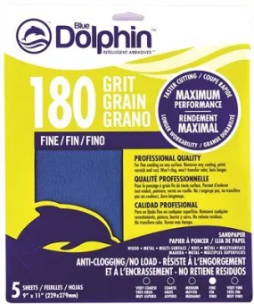 Blue Dolphin Anti-Clogging/No Load Series Sandpaper 9 Inch  X 11 Inch  180 Grit 5 Pack