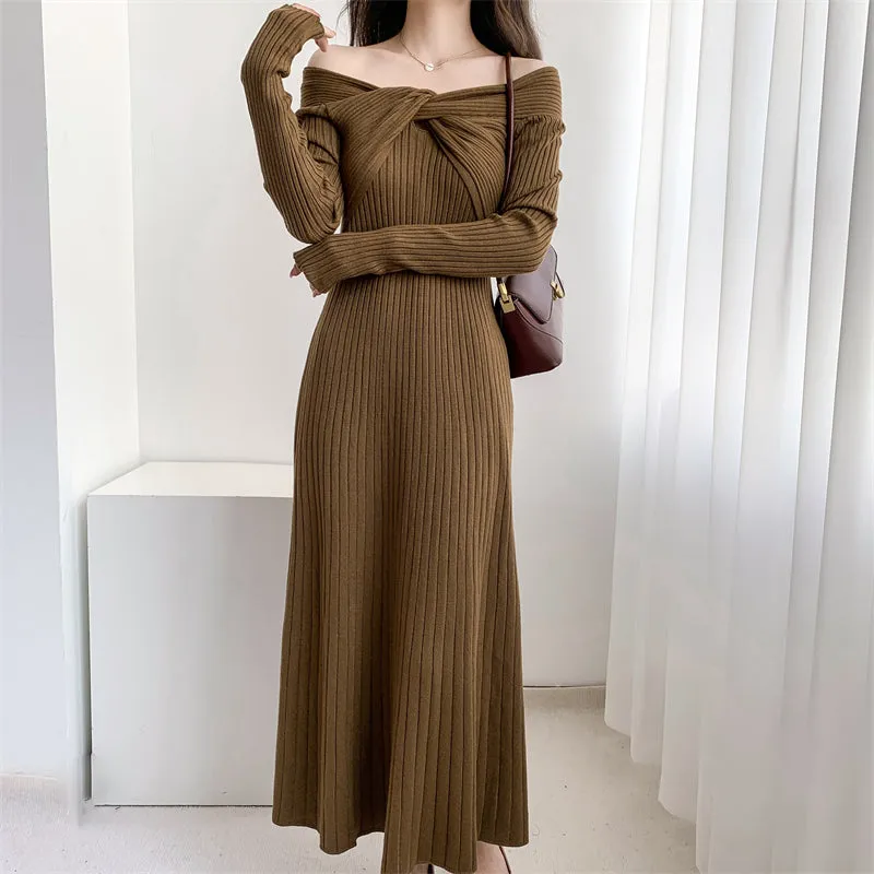 Braided Off-The-Shoulder High-Waist Knitted Dress