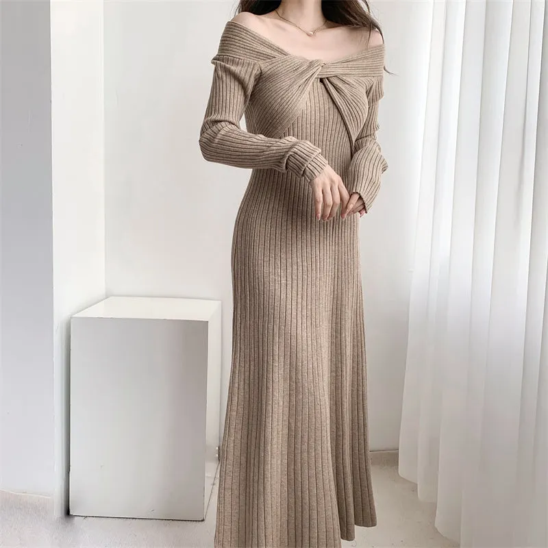 Braided Off-The-Shoulder High-Waist Knitted Dress