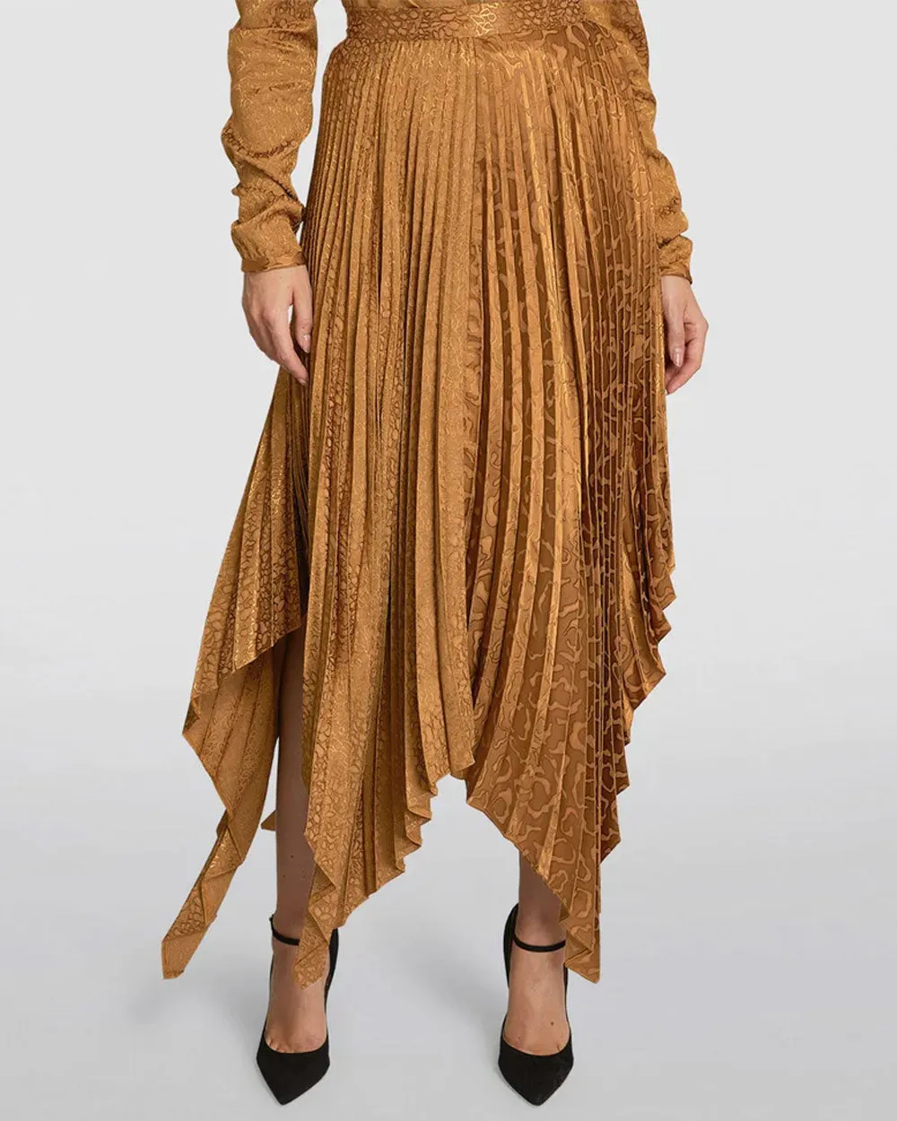 Bronze Leopard Pleated Midi Skirt