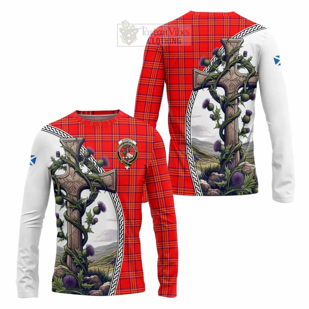 Burnett Tartan Long Sleeve T-Shirt with Family Crest and St. Andrew's Cross Accented by Thistle Vines