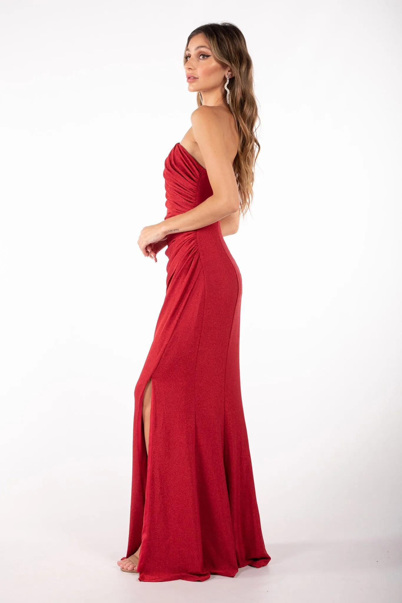 CALI One Shoulder Maxi Dress - Shimmer Red