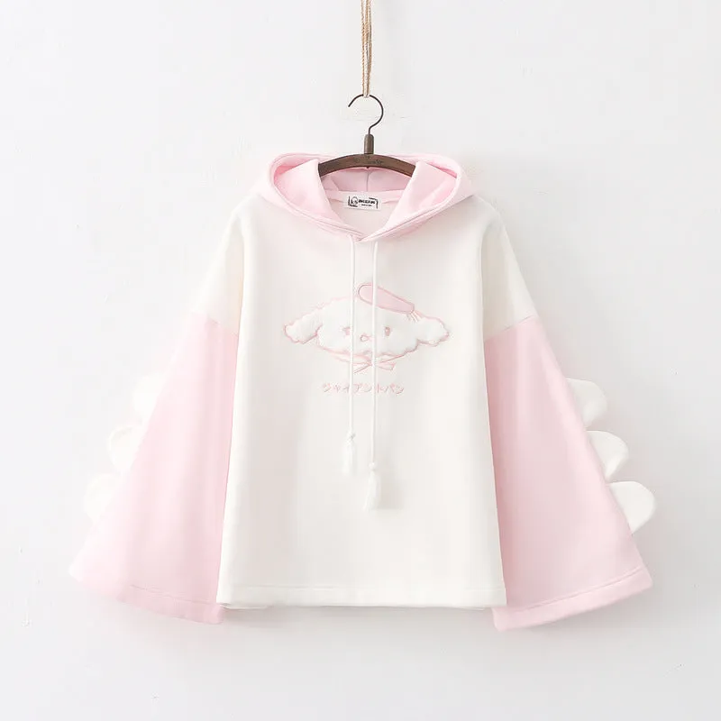 Cartoon Embroidered Pom Hooded Fleece Sweatshirt KI587