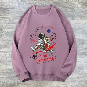 Casual astronaut print crew neck long sleeve sweatshirt