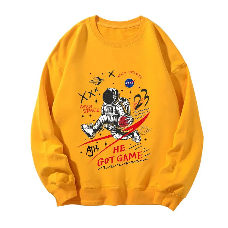 Casual astronaut print crew neck long sleeve sweatshirt