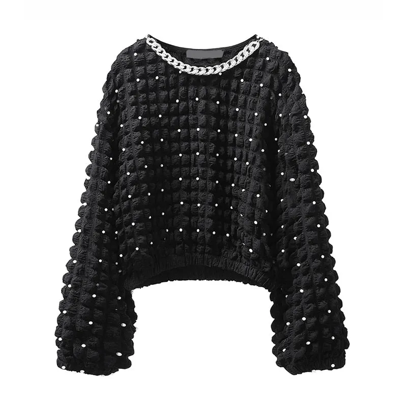 Casual Patchwork Chain Pearl Sweatshirt Female Round Neck Long Sleeve Fashion Sweatshirts For Women Autumn