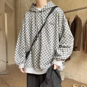 Checkerboard lattice vintage retro trend loose hooded sweater