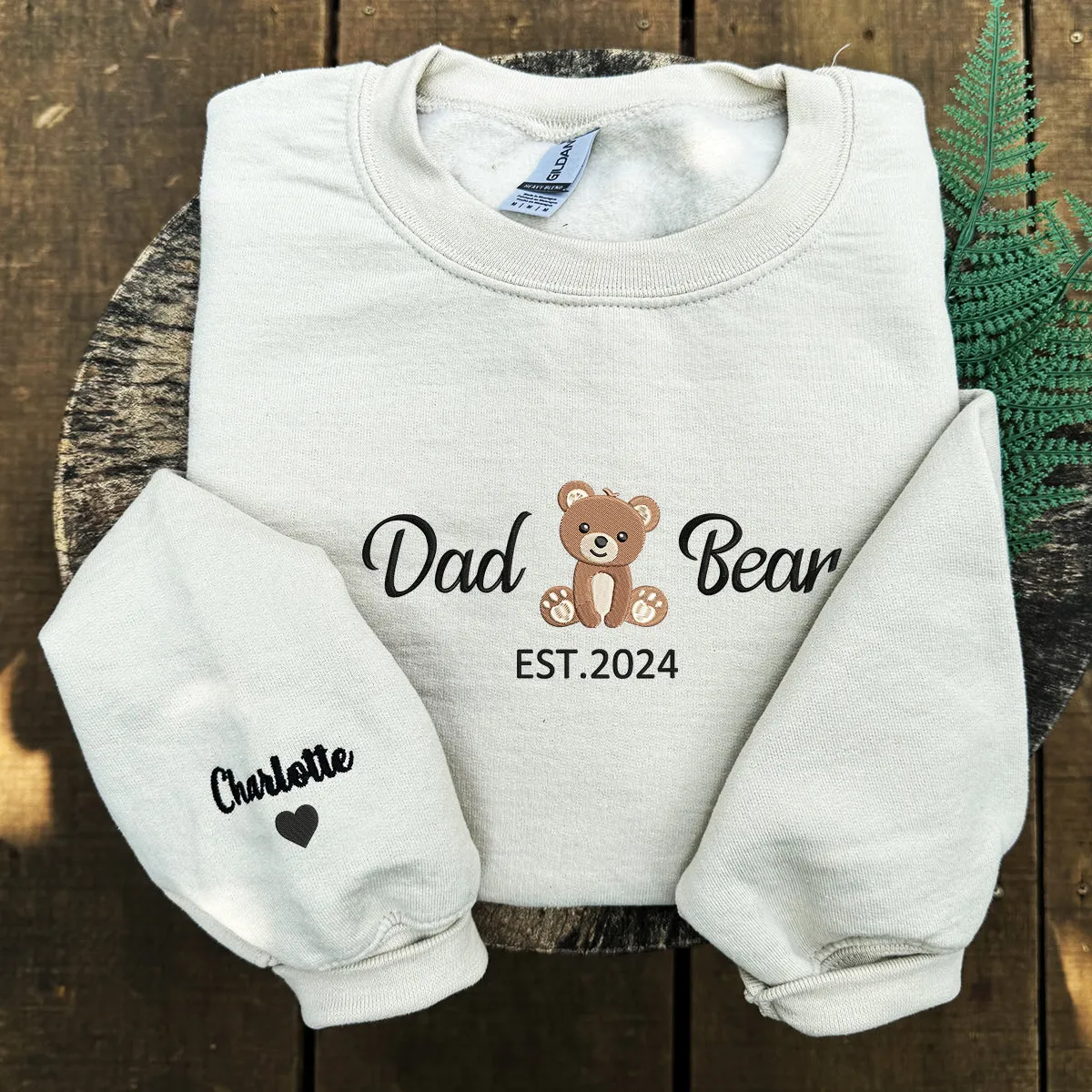 Dad Bear Sweatshirt or Hoodie, Embroidered Gift with Est Year, Kids Names on Sleeve