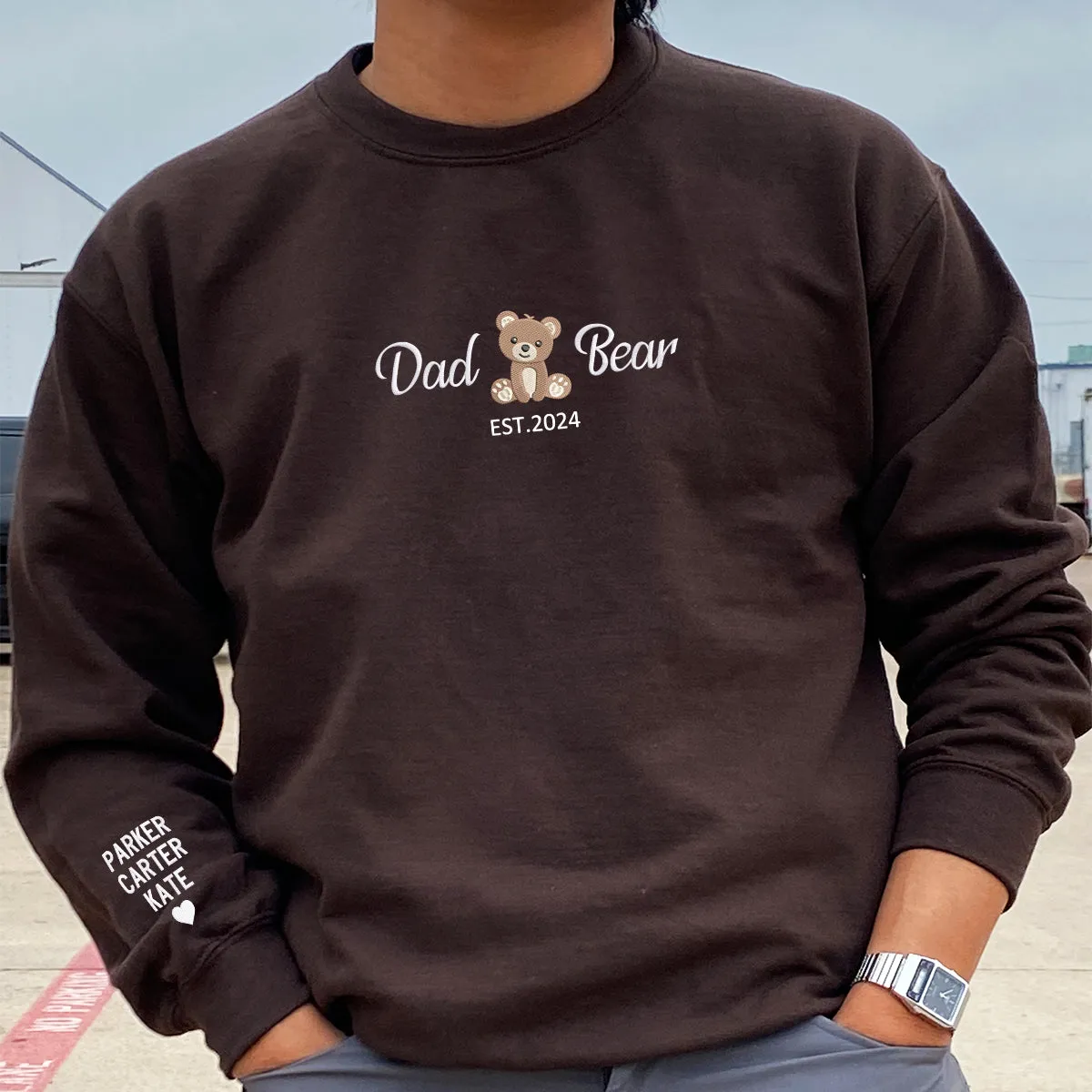 Dad Bear Sweatshirt or Hoodie, Embroidered Gift with Est Year, Kids Names on Sleeve