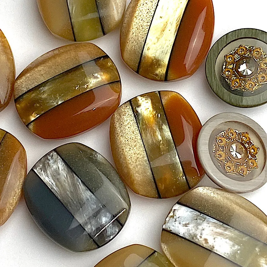 Earth Tones Vintage Japanese Pearlized Stripe Lustrous Buttons, Set of Eleven #MV80