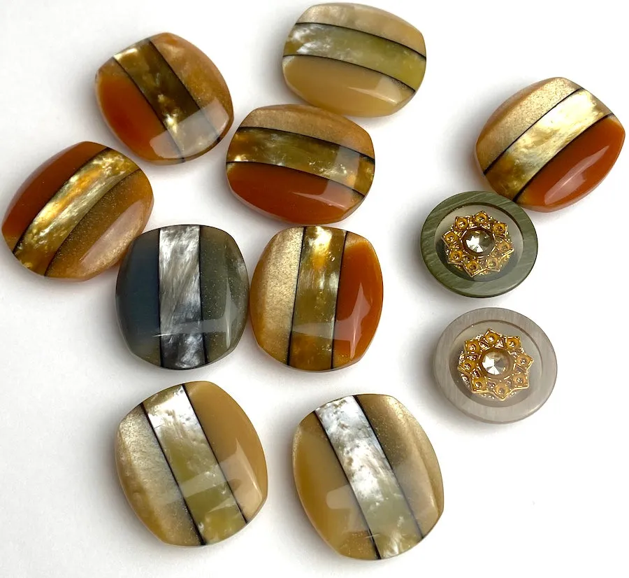 Earth Tones Vintage Japanese Pearlized Stripe Lustrous Buttons, Set of Eleven #MV80