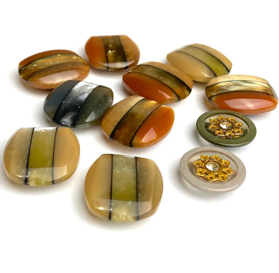 Earth Tones Vintage Japanese Pearlized Stripe Lustrous Buttons, Set of Eleven #MV80