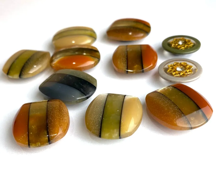 Earth Tones Vintage Japanese Pearlized Stripe Lustrous Buttons, Set of Eleven #MV80