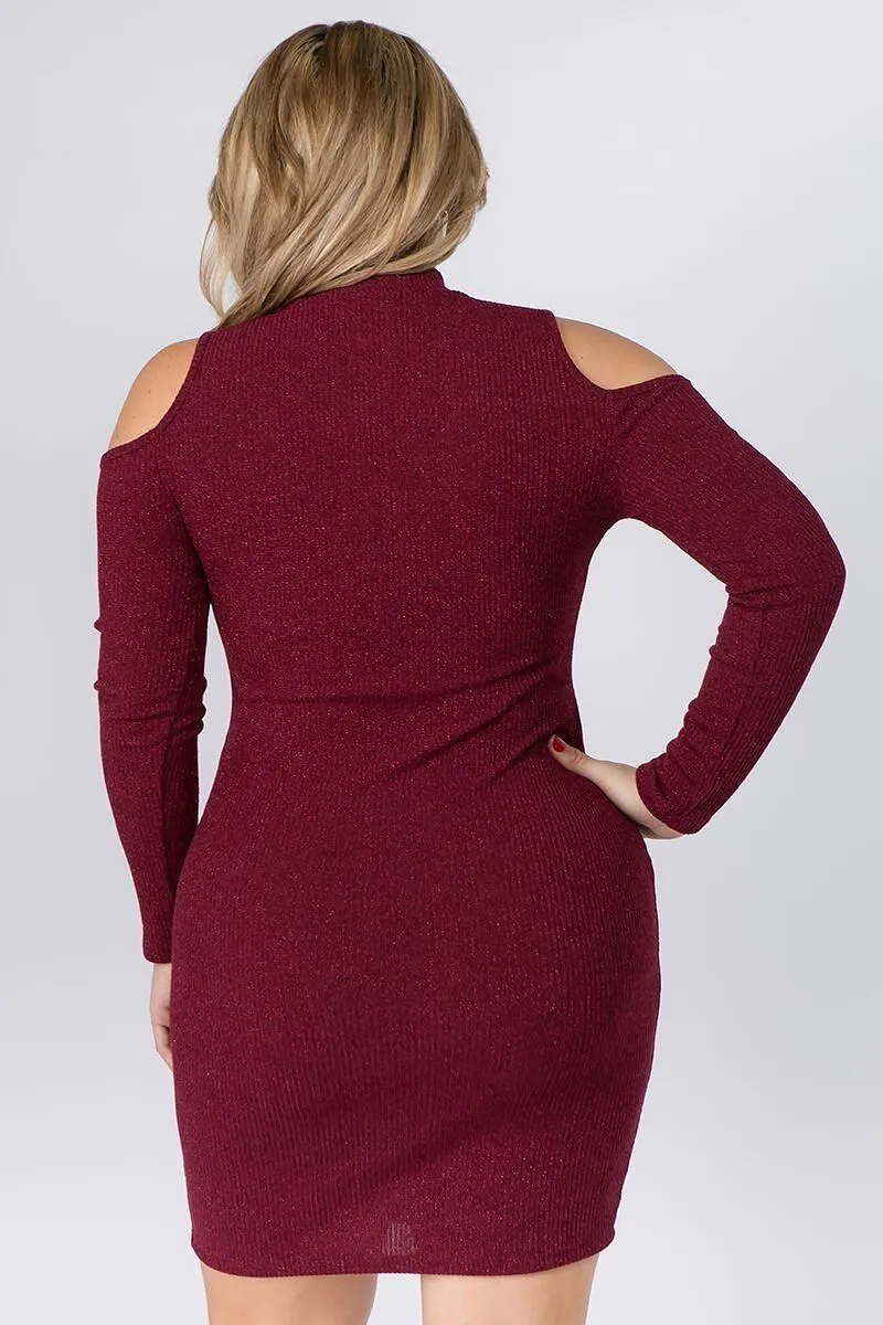 Embellished Solid Rib Knit Cold Shoulder Long Sleeve Dress