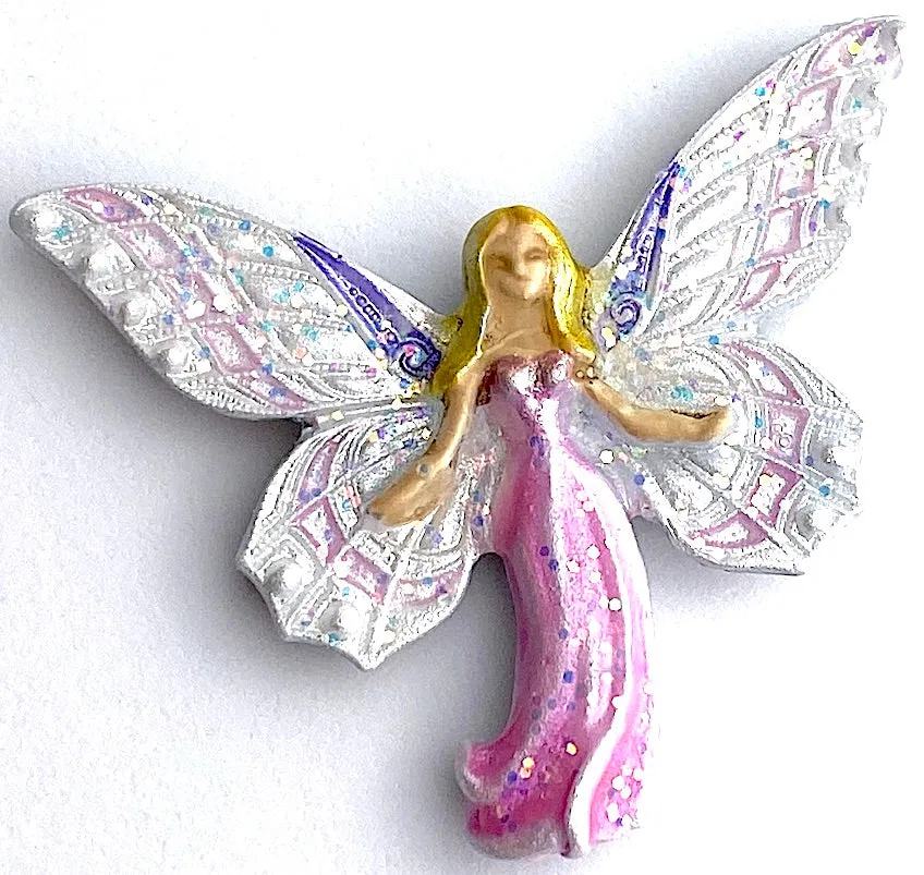 Fairy Mother in Sparkly Pink, Artisan Button Hand Painted by Susan Clarke, 1-1/2" Metal Shank Back